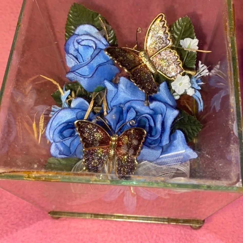 Beautiful Vintage Gold Color Butterfly’s in a nice scene behind glass